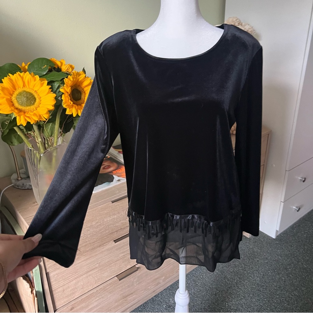 VINTAGE Black Velvet Velour Chiffon Beaded Sequin Formal Tunic Blouse Modest Top